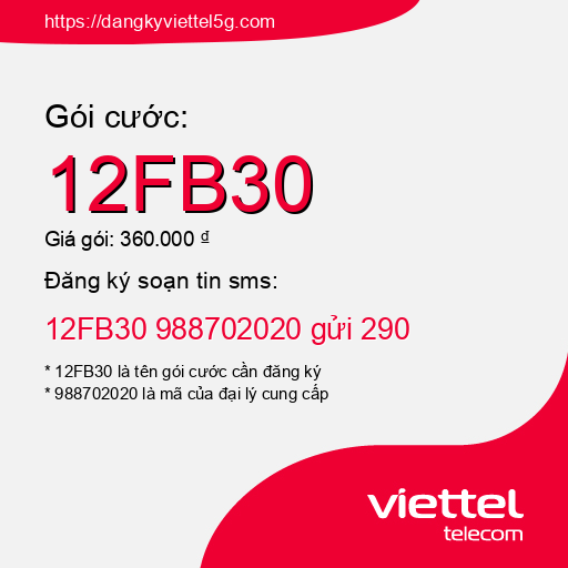 Đăng ký gói cước 12FB30 Viettel 5g