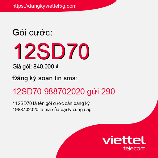 Đăng ký gói cước 12SD70 Viettel 5g