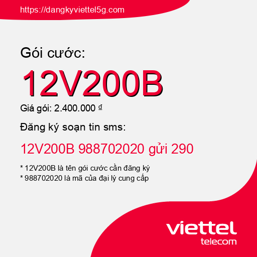 Đăng ký gói cước 12V200B Viettel 5g