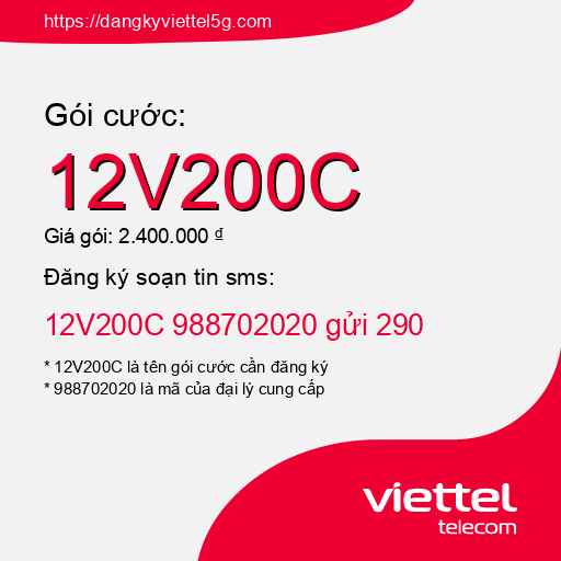 Đăng ký gói cước 12V200C Viettel 5g