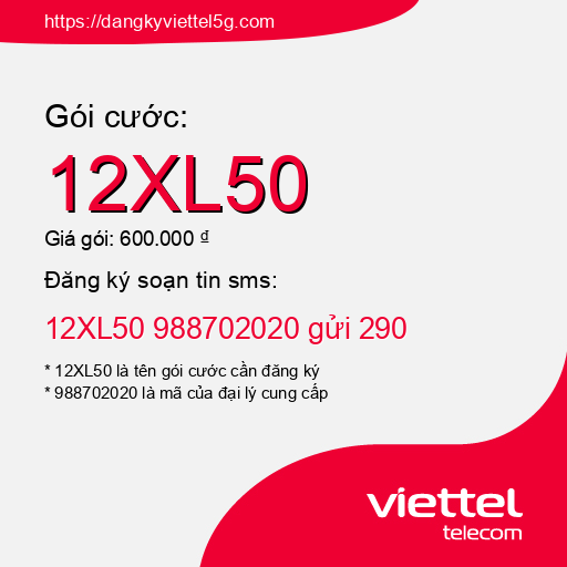 Đăng ký gói cước 12XL50 Viettel 5g