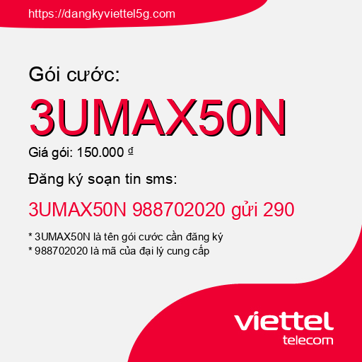 Đăng ký gói cước 3UMAX50N Viettel 5g