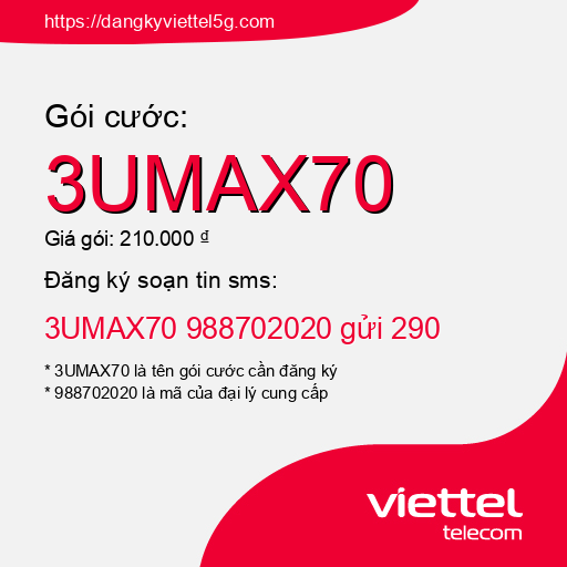 Đăng ký gói cước 3UMAX70 Viettel 5g