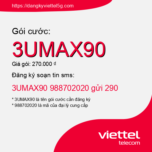 Đăng ký gói cước 3UMAX90 Viettel 5g