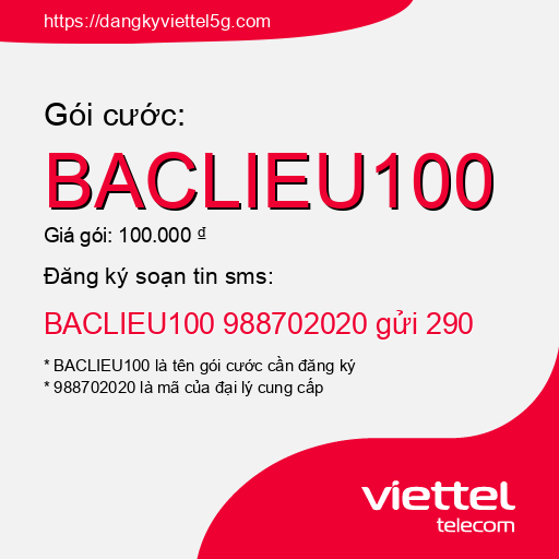 Đăng ký gói cước BACLIEU100 Viettel 5g