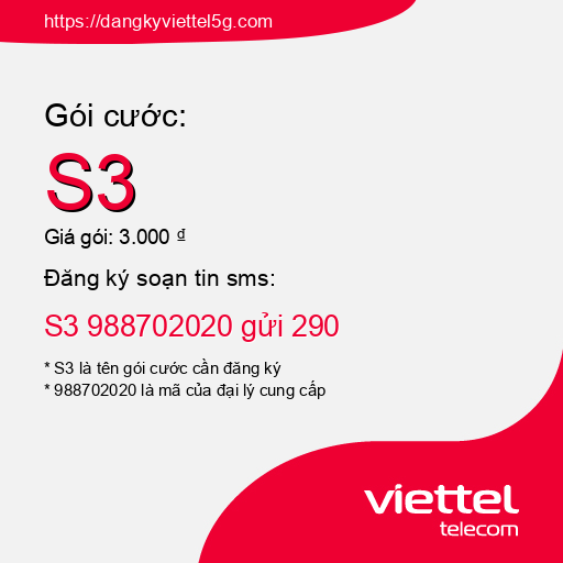 Đăng ký gói cước S3 Viettel 5g