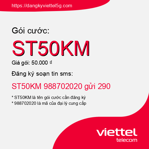 Đăng ký gói cước ST50KM Viettel 5g