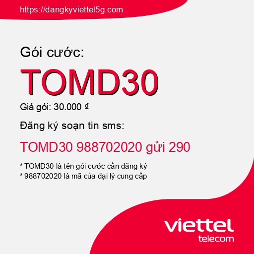 Đăng ký gói cước TOMD30 Viettel 5g